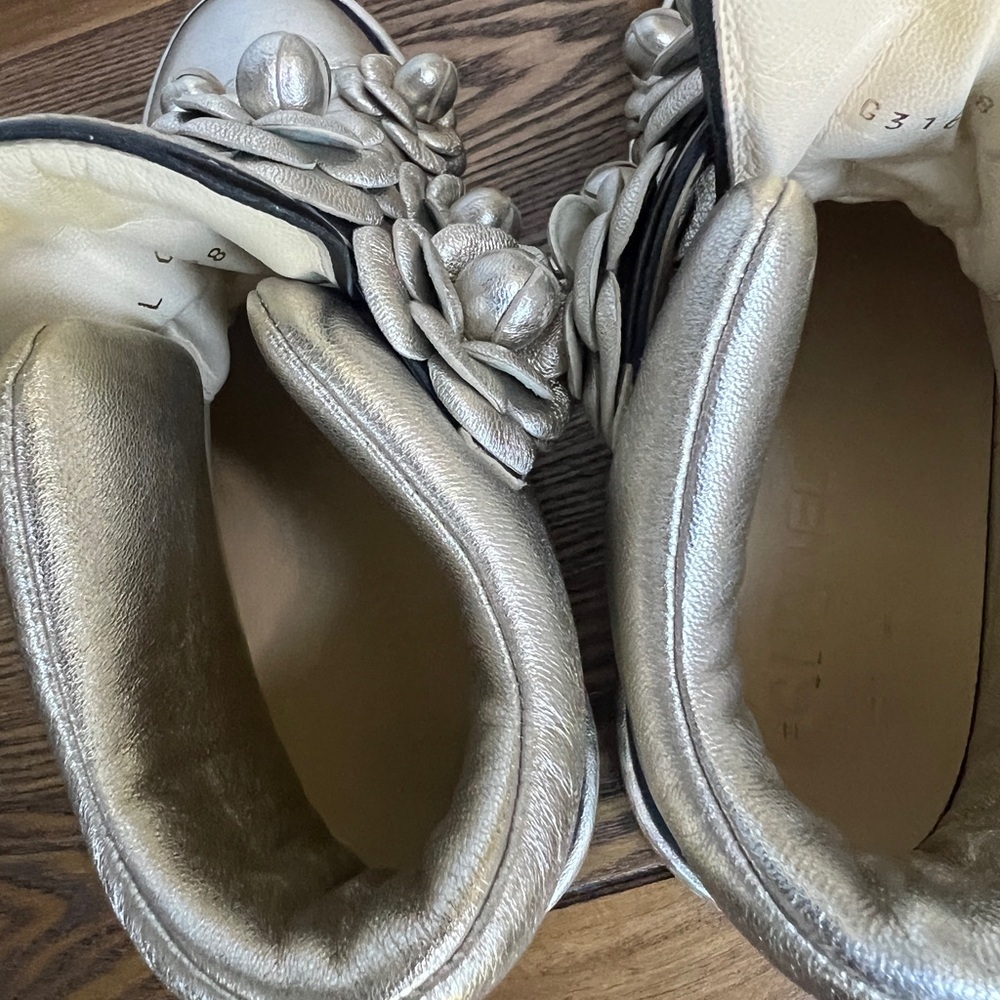 CHANEL Silver Leather Camellia Strap Platform Sneakers - Picture 4 of 8